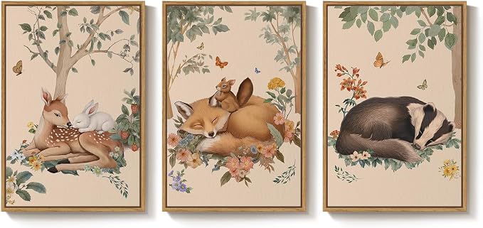 Framed Forest Animal Wall Art, 3 Piece Nature Whimsical Cottage Core Woodland by Cuspin