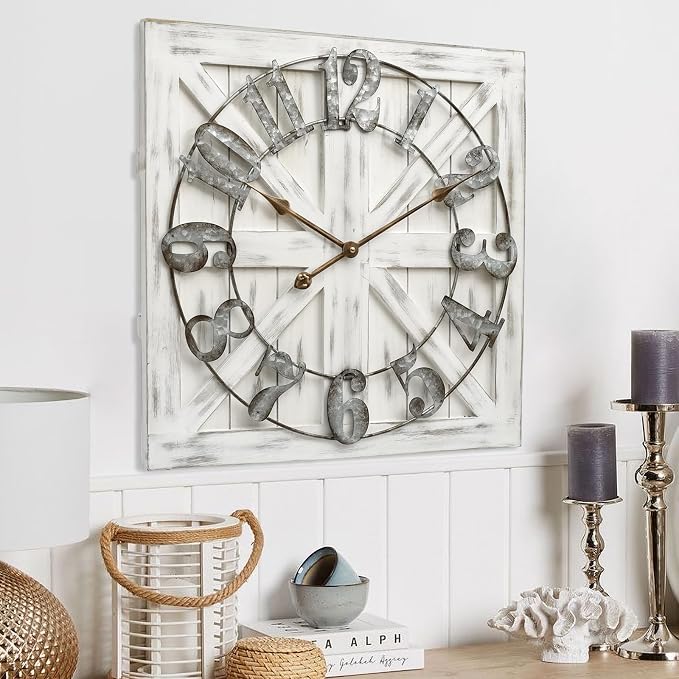 EMAX HOME Large Farmhouse Wall Clock – 24 Inch White Square Rustic Wooden Clock - Image 6