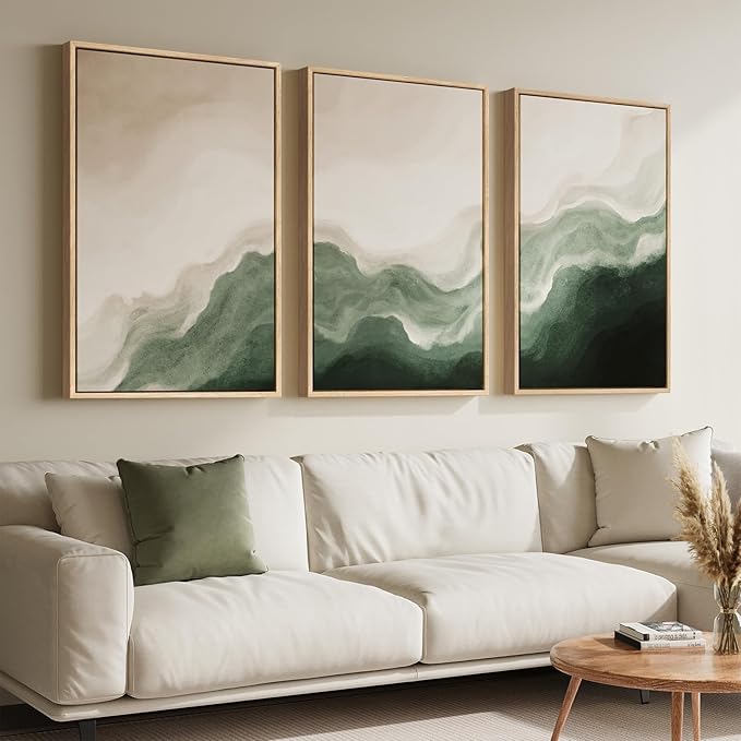 Large Framed Green and Beige Abstract Wall Art - Image 2