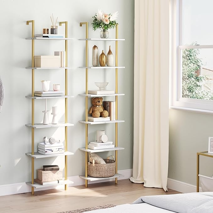 HOOBRO DIY Ladder Shelf, 6-Tier Wooden Wall Mounted Bookshelf, Narrow Gold - Image 5