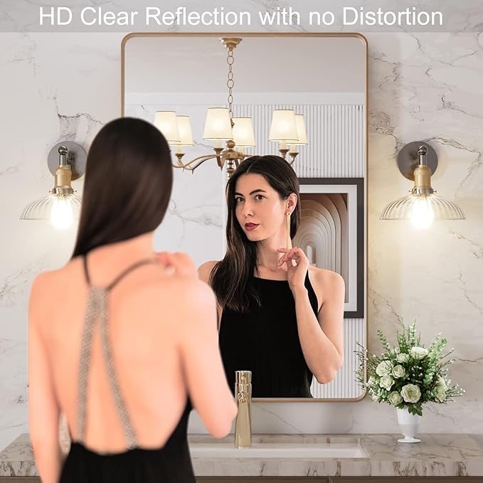 LOAAO 24”X36” Gold Bathroom Mirror, Rounded Rectangle Gold Frame Mirror - Image 2