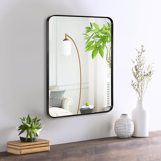 Wall Mount Mirror for Bathroom, Brushed Black Metal Framed Rounded Corner by Minuover
