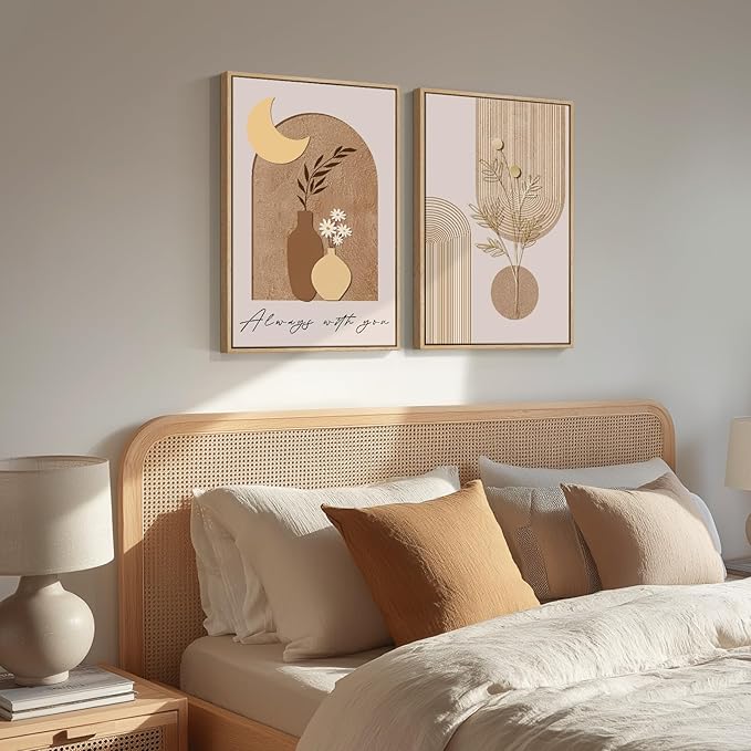 Framed Neutral Boho Wall Art for Bedroom, Mid Century Modern Minimalist Artwork - Image 2
