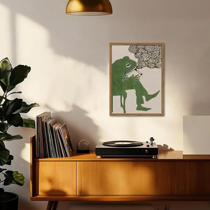 Funny Frog Smoking Wall Art Whimsical Green Frog Wall Decor Painting Cute - Image 5