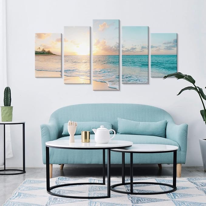 Goldfoilart 5 Pieces Beach Sunset Canvas Wall Art Blue Sea Prints Romantic - Image 6