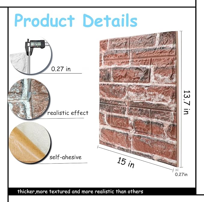 3D Wall Panels Peel and Stick in Red White, Faux Brick Wall Panels - Image 2