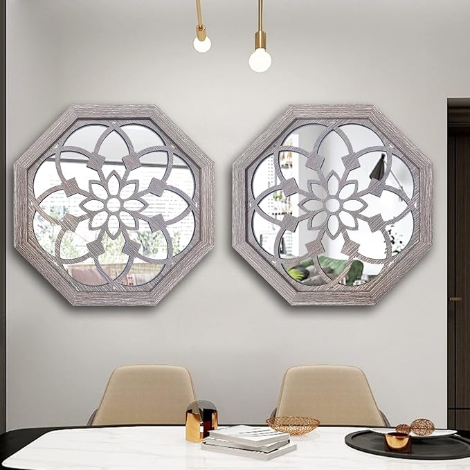 ZOLAPI 2 PCS 20 inch Octagon Wall-Mounted Mirrors, Vintage Farmhouse Mirror - Image 4