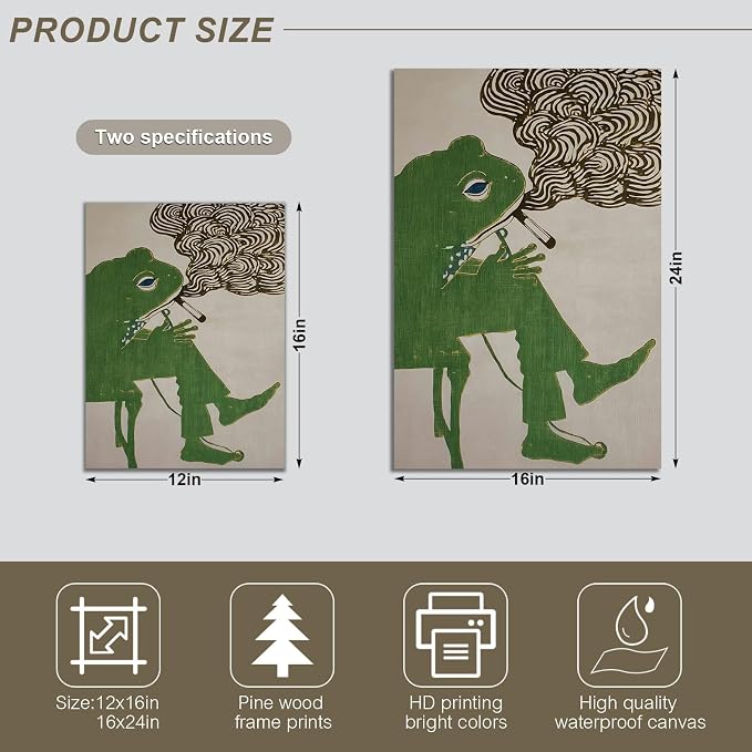 ALMLZL Funny Smoking Frog Wall Art Humorous Animal Whimsical Green Frog Canvas - Image 2