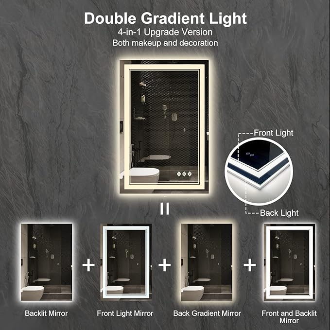 LED Mirror for Bathroom, 24x36 Inch Gradient Front and Backlight LED Bathroom - Image 4