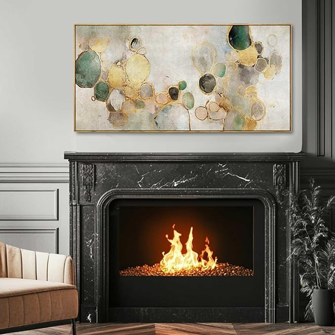 Gold Circle Modern Artwork Framed Abstract Wall Art Green Canvas Decor 24"x48" - Image 6