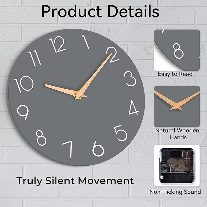 cicininc Wall Clock, 14 Inch Wooden Silent Non-Ticking, Decorative Battery - Image 6