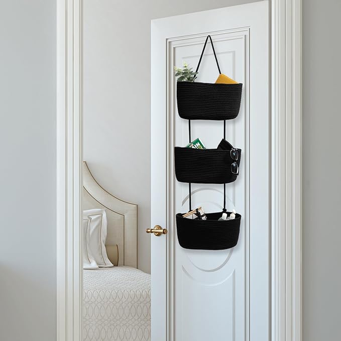 TeoKJ Over the Door Hanging Basket, 3-Tier Woven Cotton Wall-Mounted Storage - Image 6