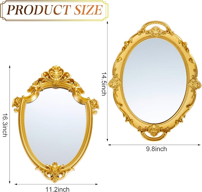 Beeveer 2 Pcs Vintage Gold Mirrors Set Decorative Hanging Wall Decor - Image 2