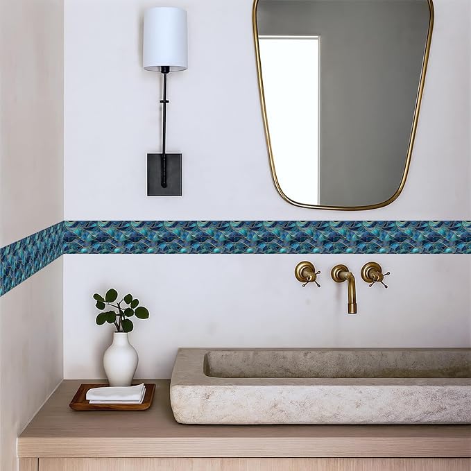 Blue Geometric Mosaic Wallpaper Border 196x4 Inch Peel and Stick Wall Border - Image 3