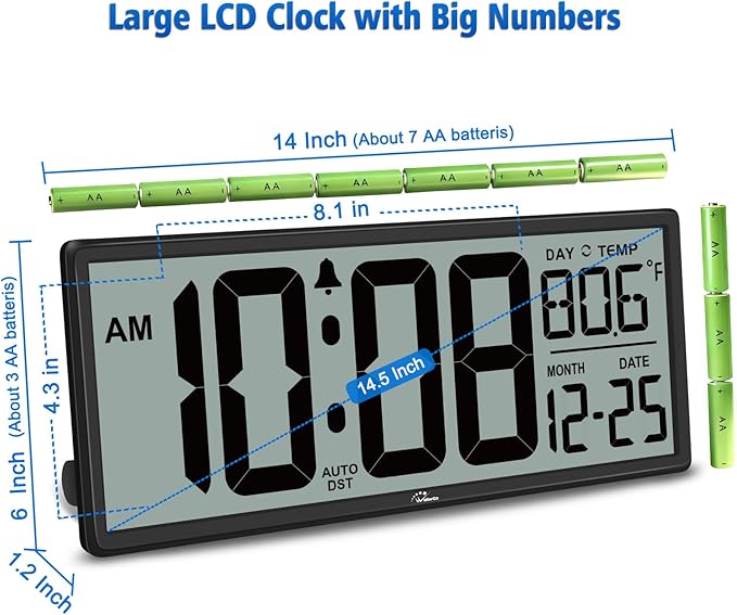 WallarGe 14.5'' Large Digital Wall Clock Battery Operated - Image 5