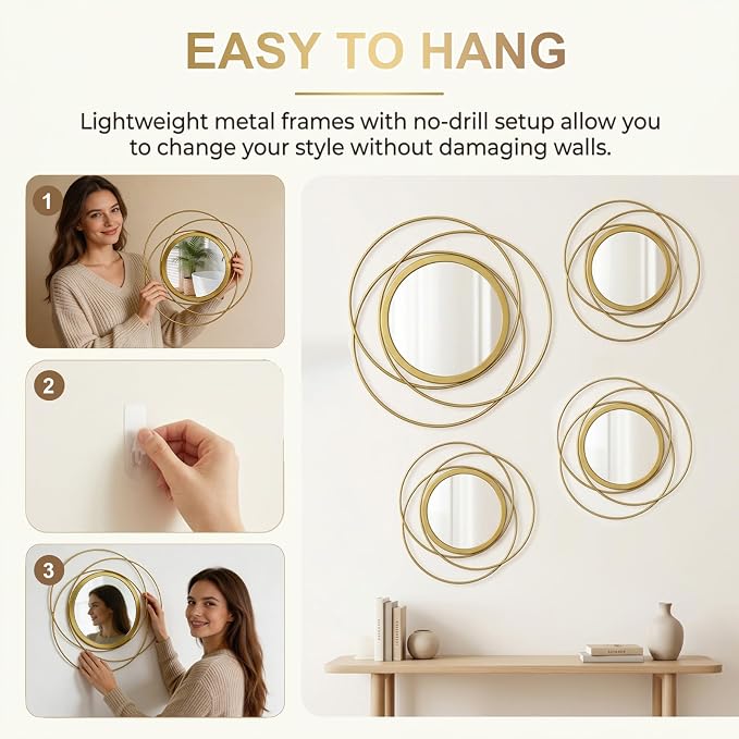 4 Piece Gold Round Wall Mirror Set Modern Metal Circle Home Decor - Image 3