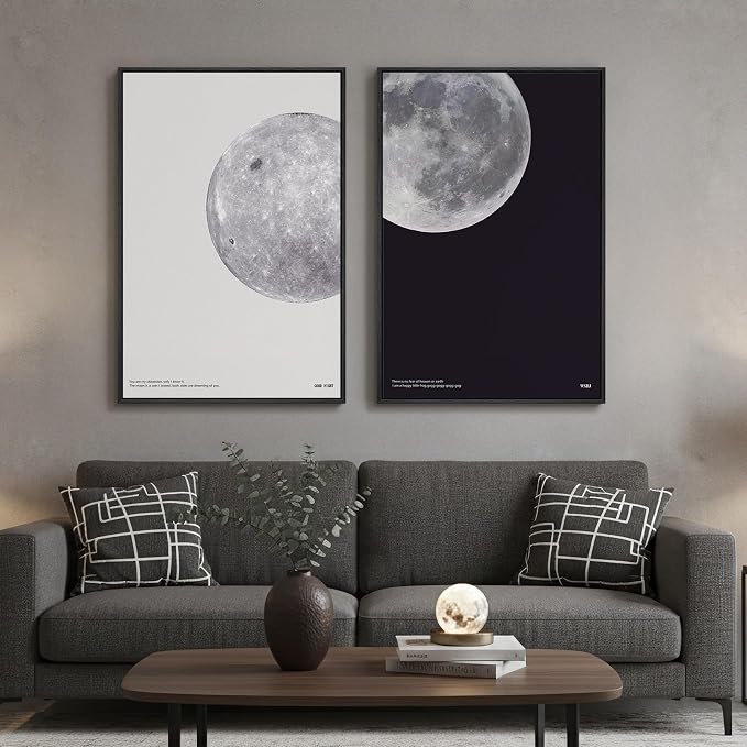 Large Framed Black and White Moon Wall Art, 2 Piece the Moon Canvas Art Prints by Cuspin