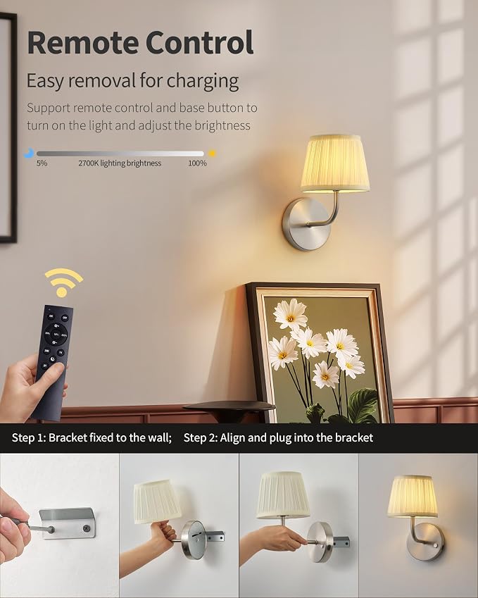 PUSU LED Cordless Nickel H9.6 inch Small Wall Sconces Set of 2, Rechargeable - Image 4