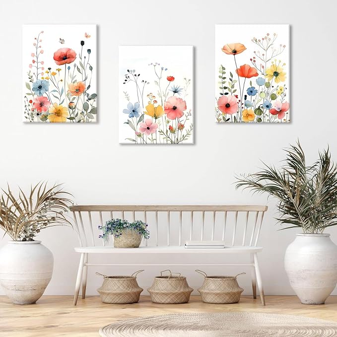 KISSFOX Framed Colorful Wildflower Canvas Wall Art Set Of 3 Flowers Pictures - Image 2