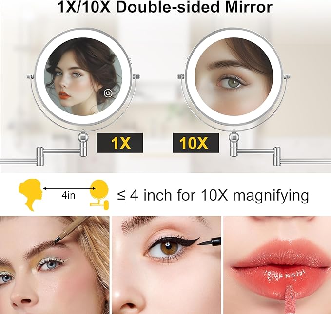 9" Wall Mounted Lighted Makeup Mirror, 4000mAh Rechargeable Double Sided 1X/10X - Image 3