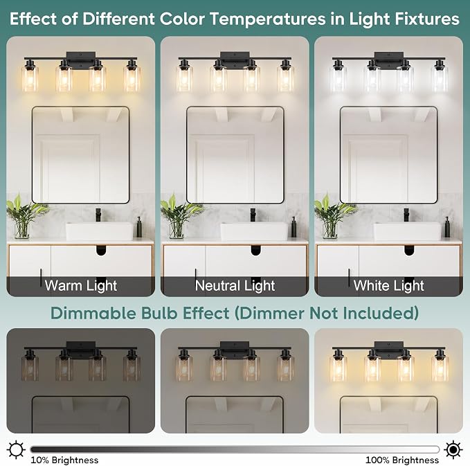 Ascher Bathroom Light Fixtures, 4-Light Vanity Light Over Mirror, Matte Black - Image 9