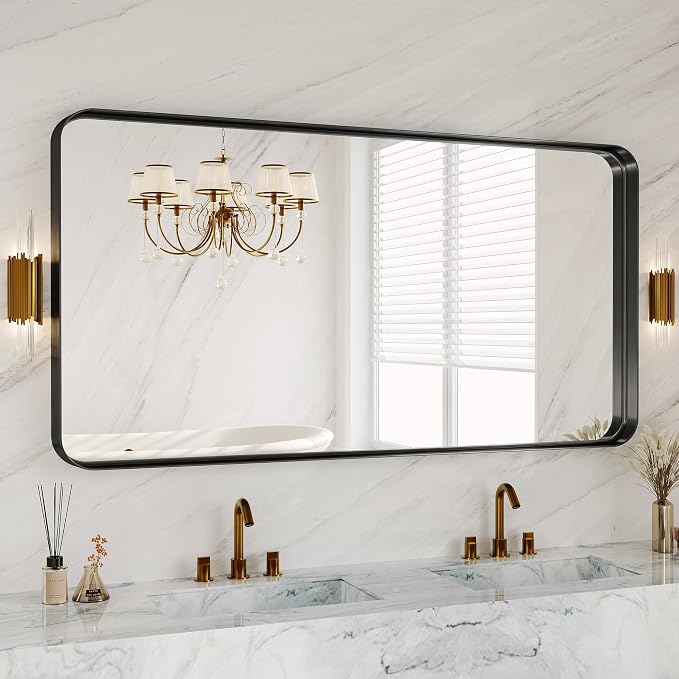 60X30 Inch Black Metal Framed Bathroom Mirror by MYSUNORIA