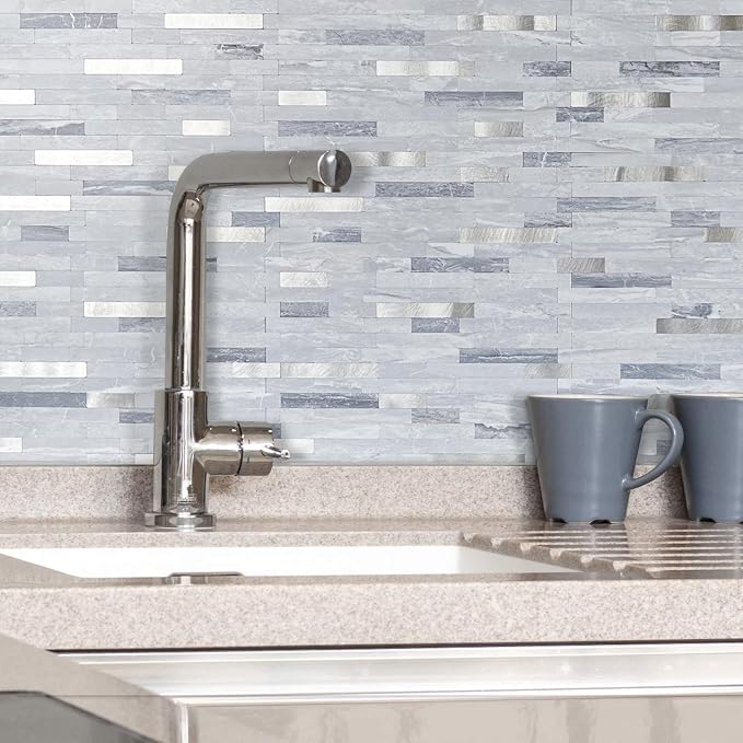 AULIGET Faux Stone Peel and Stick Backsplash, Light Grey Marble Look PVC Mixed - Image 6