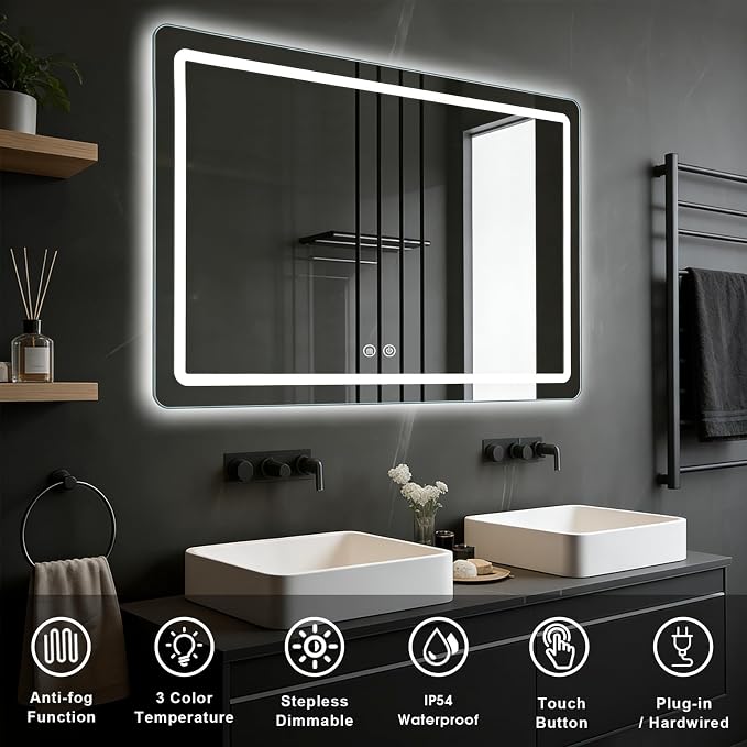 LED Bathroom Mirror, 48 x 36 Inch Anti-Fog Wall Mirror - Image 2