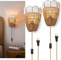 Plug-in Boho Wall Sconces Set of 2, Handwoven Rattan Wall Lights by AKEETO