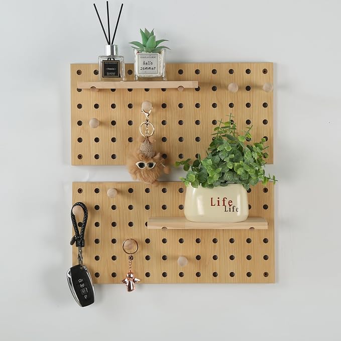 2 Pack Beige Wooden Pegboard, Modular Wall Organizer Storage Shelf - Image 7