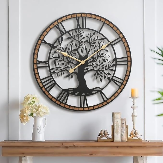 Micasso Rustic Oversize Wall Clock: 35Inch Farmhouse Tree of Life Metal by Micasso