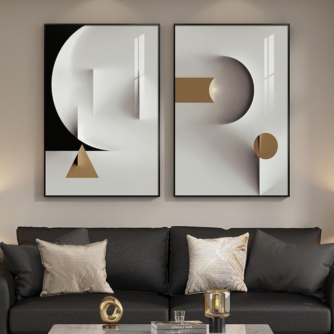 Large Framed Modern Elegant Abstract Wall Art, 2 Piece Black White Gold - Image 3