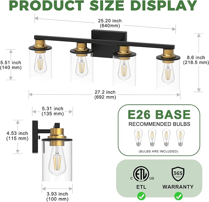 DORESshop Bathroom Light Fixtures, 4-Light Black and Gold Bathroom Lighting - Image 4