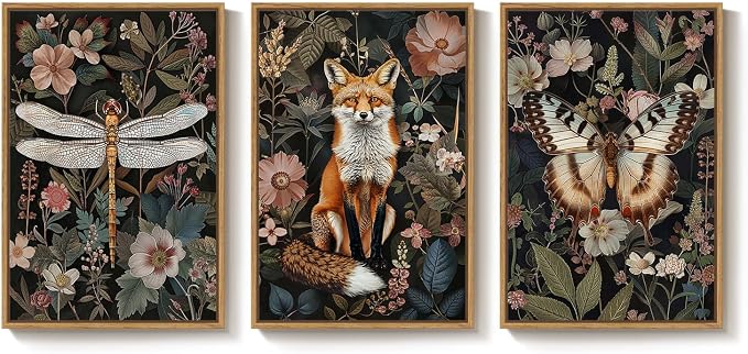 Framed Vintage Botanical Animal Wall Art Set of 3, Dark Floral Butterfly - Image 9