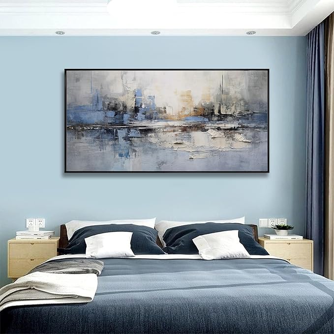 Abstract wall Art Framed Artwork Blue and Gray White Decor Modern Canvas Wall - Image 4