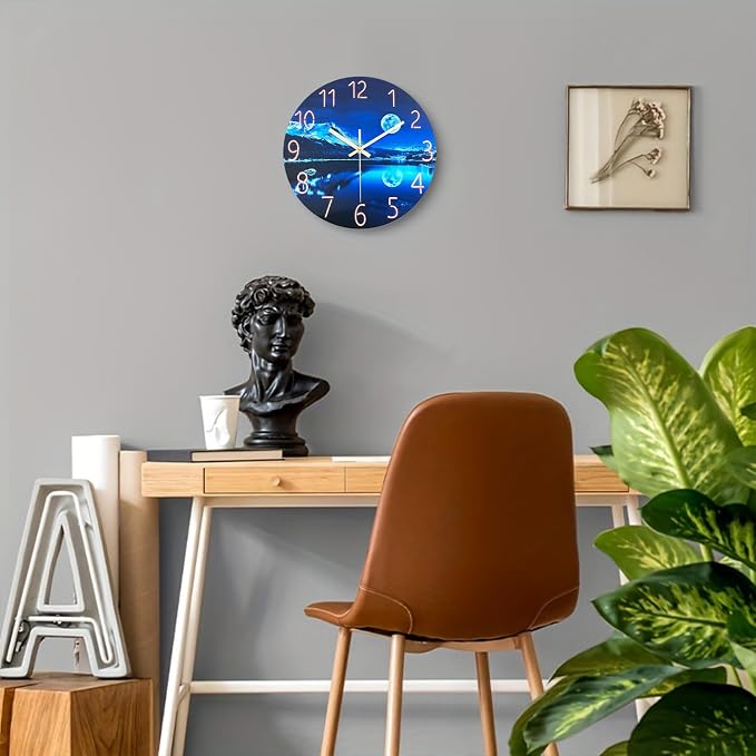 Blue Wall Clock for Bedroom 12 Inch Natural Landscape Round Analog Clock - Image 3