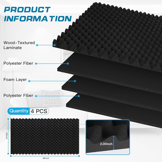 4 Pack-48X24X2 Inches Acoustic Panels, Egg Crate Foam soundproof wall Panels - Image 6