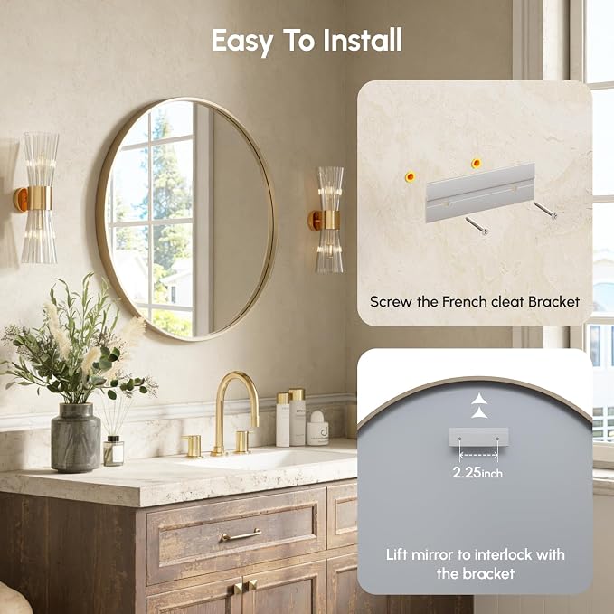 USHOWER Gold Bathroom Mirrors for Over Sink, 24 Inch Circle Mirror - Image 7