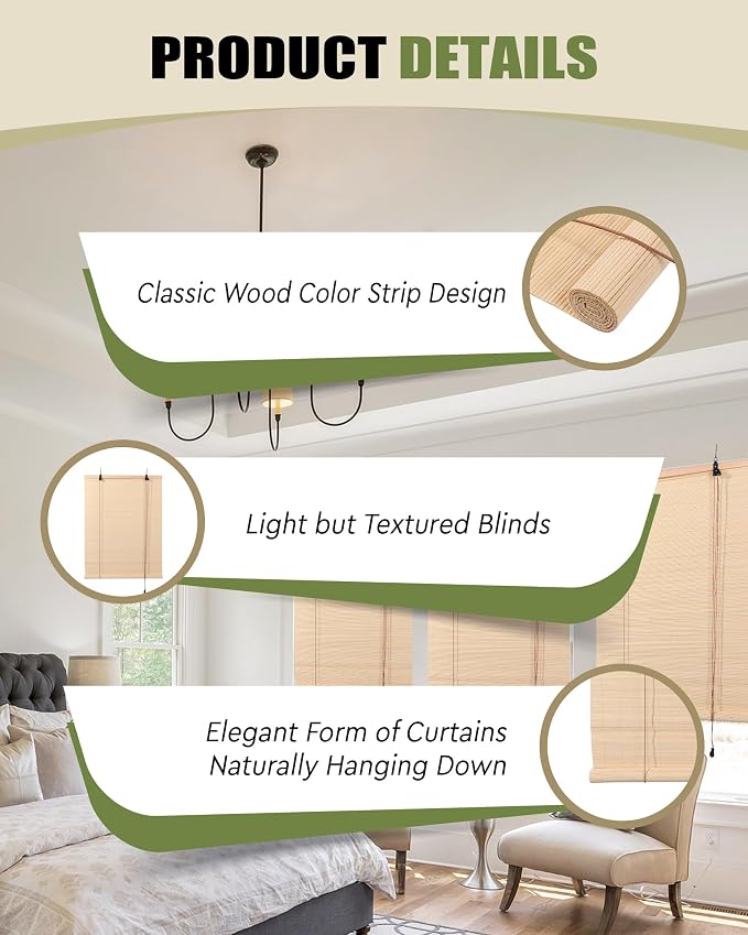 FoundGo Retro Bamboo Blinds 60" W x 72" H Bamboo Roman Shades Light Filtering - Image 3