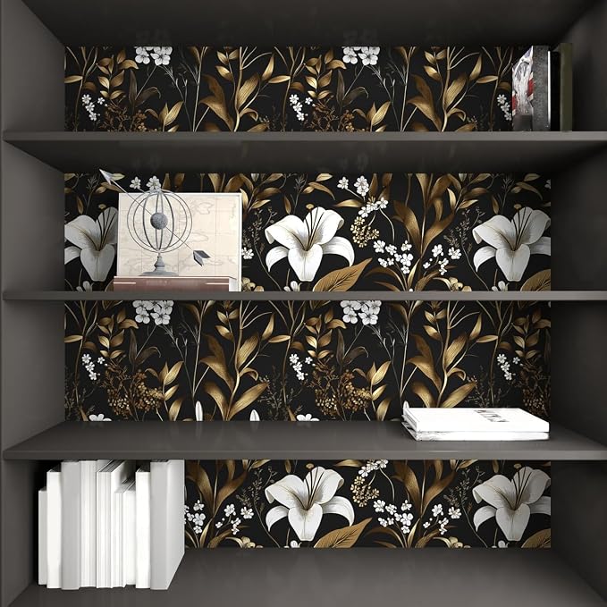 Laatse Black White Floral Wallpaper Peel and Stick, Dark Gold Vintage Contact - Image 8