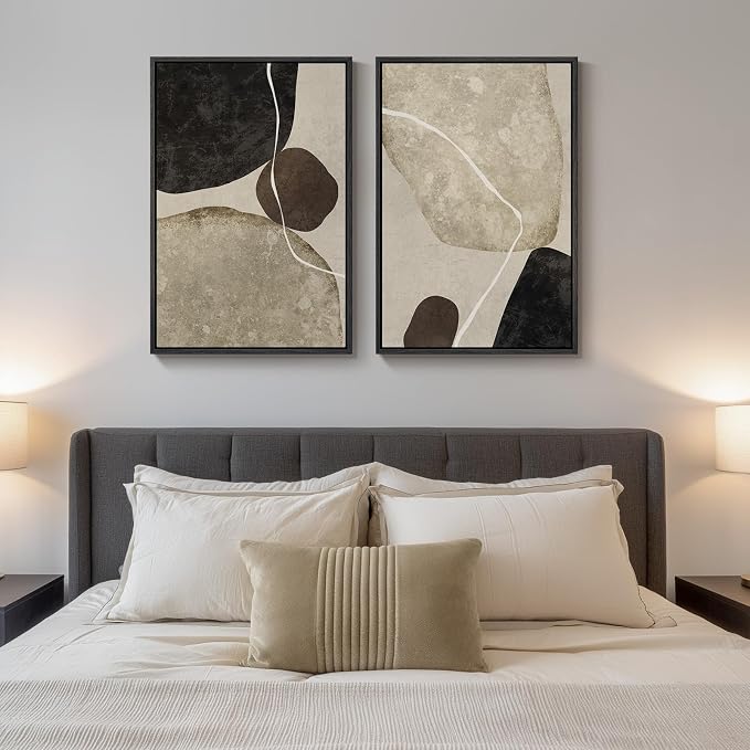 Framed Neutral Abstract Wall Art, 2 Piece Large Modern Black Beige Brown Canvas - Image 4