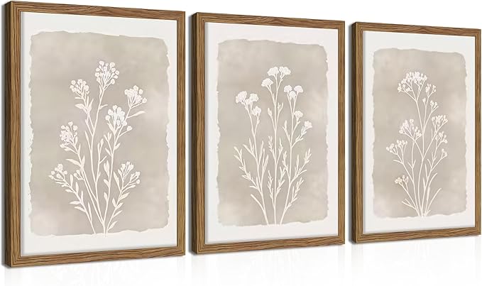 Framed Boho Botanical Flower Wall Art Set of 3, Vintage Minimalist Neutral by Unknown