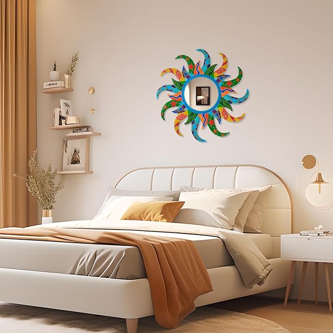 Colorful Sun Wall Mirror Decorative 25 inch Metal Frame Sunburst Boho Mirror - Image 5