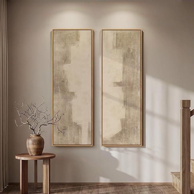 Long Narrow Framed Neutral Abstract Vertical Wall Art Set of 2, Oversized by Cuspin