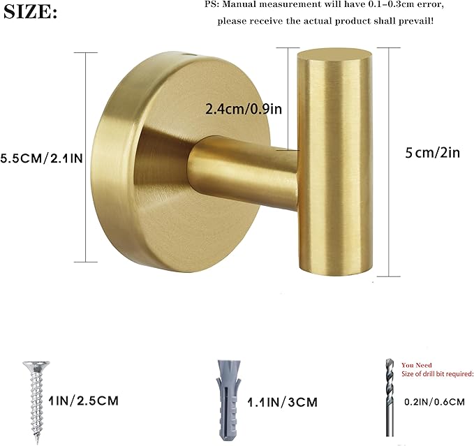 Towel Hooks for Bathroom 2 Packs Screw- in Gold Wall Mount Towel Holder Towel - Image 2