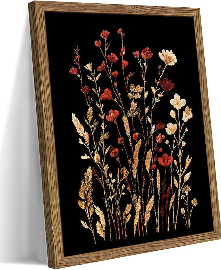 Framed Vintage Floral Wall Art, Dark Wildflower Botanical Canvas Wall Decor by Unknown