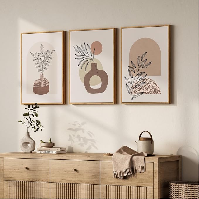Framed Neutral Boho Wall Art Bedroom, 3 Piece Abstract Bohemian Brown Botanical - Image 8