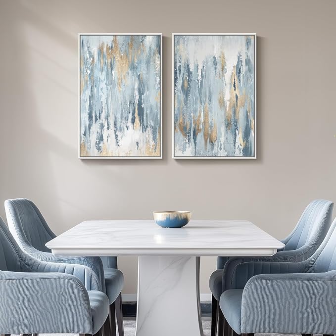 Large White Framed Blue and Gold Abstract Canvas Wall Art, 2 Piece Modern - Image 5