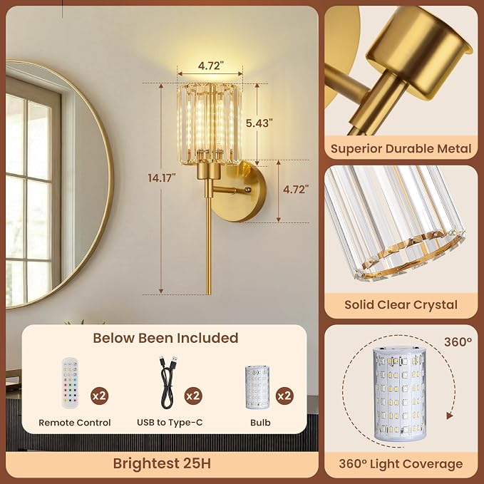 Crystal Battery Operated Wall Sconces, Brushed Gold Rechargeable Wireless Wall - Image 8