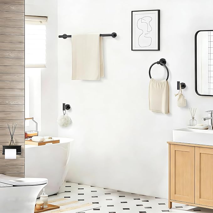 5-Piece Matte Black Bathroom Accessories Set, 24-Inch Wall-Mounted Towel Bar - Image 2